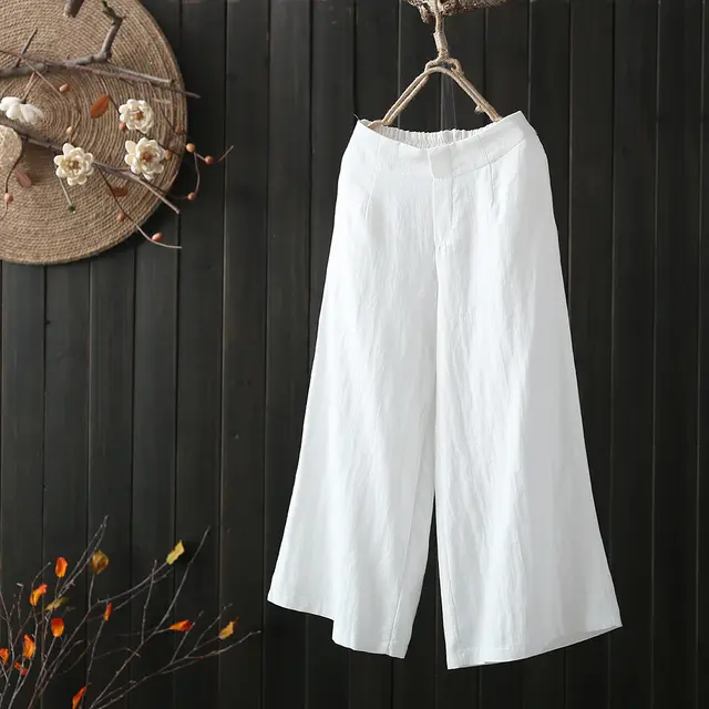 Elastic Waist Cotton And Linen Cropped Wide leg Pants White - Shop at LoveMi