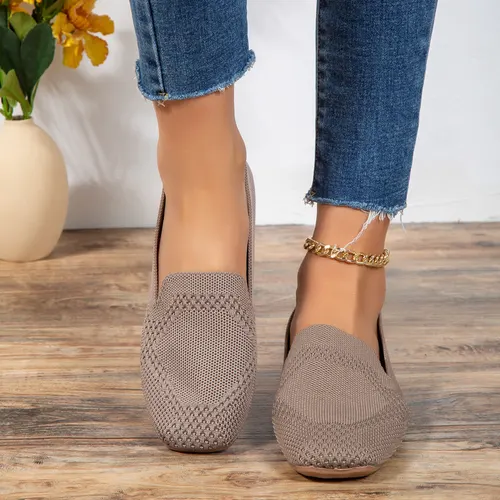 Square Toe Flat Bottom Flying Woven Pumps Female Slip on Casual Shoes Grey - Shop at LoveMi