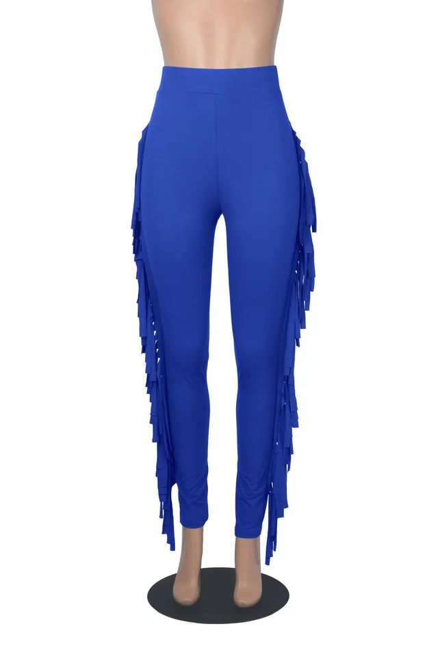 Spring And Autumn New European And American Women's Clothing Tight High Waist Tassel Bandage Pants Blue - Shop at LoveMi