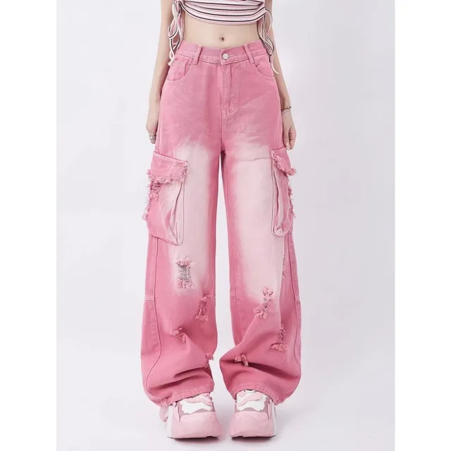 Design Sense Niche Cute Straight Jeans For Women Pink - Shop at LoveMi