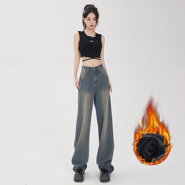 Retro Starry Sky Pattern Women's Loose Fitting Jeans Plush Trousers - Shop at LoveMi