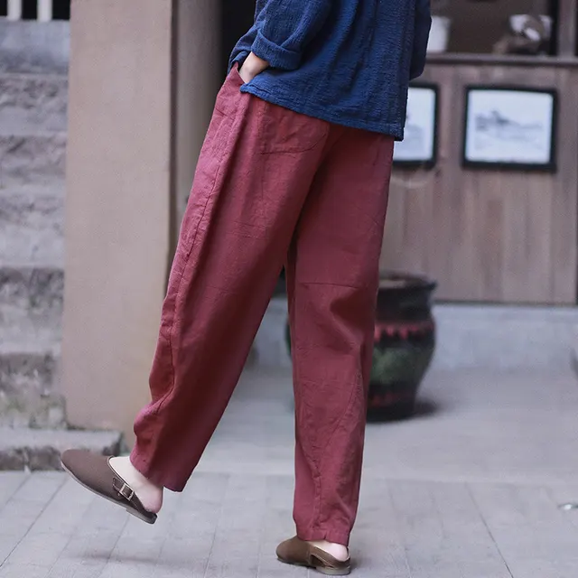 Retro Loose Plus Size Linen Bloomers Wine Red - Shop at LoveMi