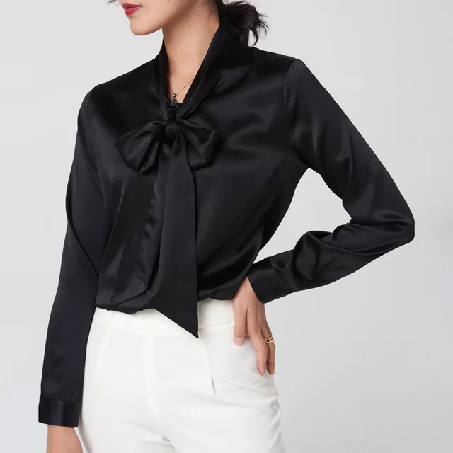 Mulberry Silk Bottoming V neck Bow Large Ribbon Women's Shirt Black - Shop at LoveMi