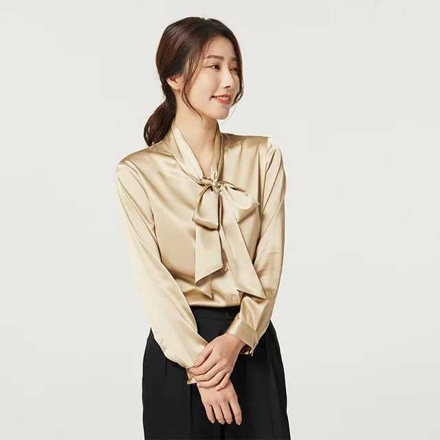 Mulberry Silk Bottoming V neck Bow Large Ribbon Women's Shirt Local Gold - Shop at LoveMi