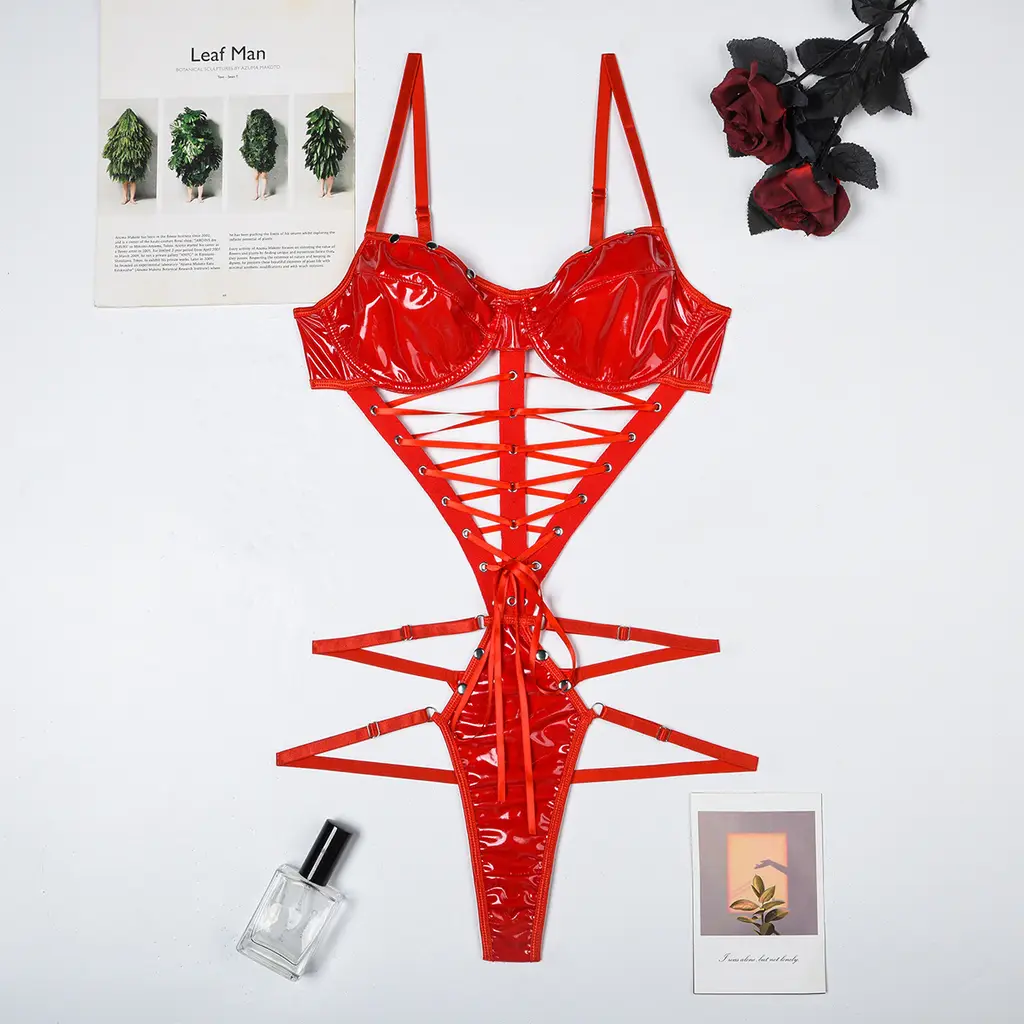 With Rivets Punk Dark Low Cut Sling Body Shaping Skinny Jumpsuit - Red