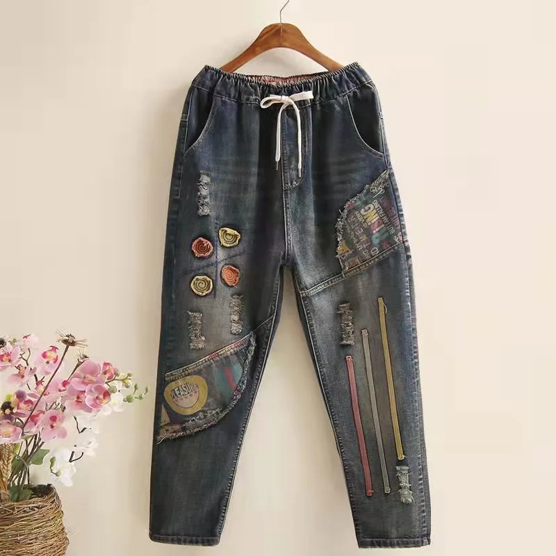 Ethnic Style Embroidered Retro Elastic Waist Jeans 8887 Models - Shop at LoveMi