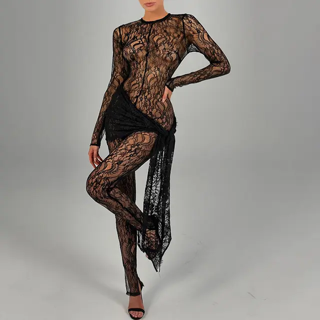 Women's Graceful And Fashionable Lace Up Lace Pattern Jumpsuit Black - Shop at LoveMi
