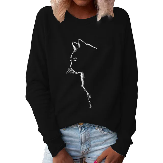 Cat Creative Printing Round Neck Long Sleeve Sweater For Women Black - Shop at LoveMi