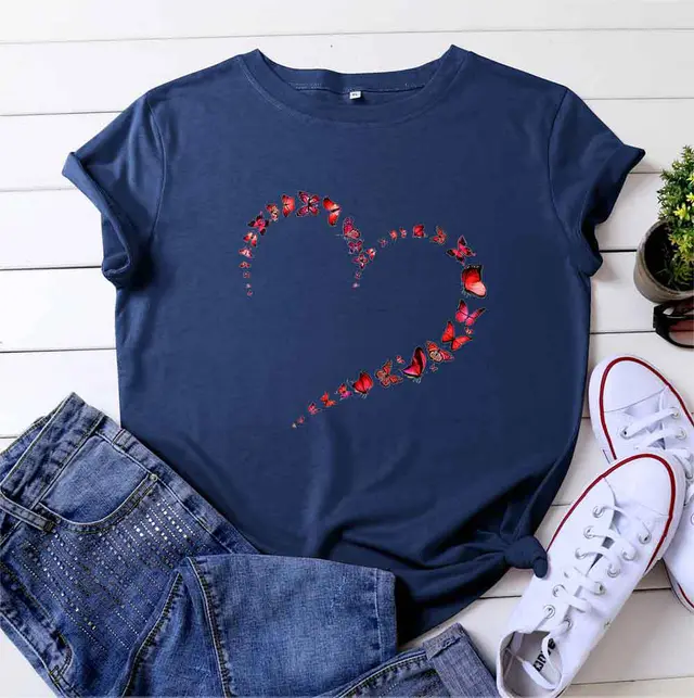 European And American Love Butterfly Cotton Short Sleeve Dark Blue - Shop at LoveMi