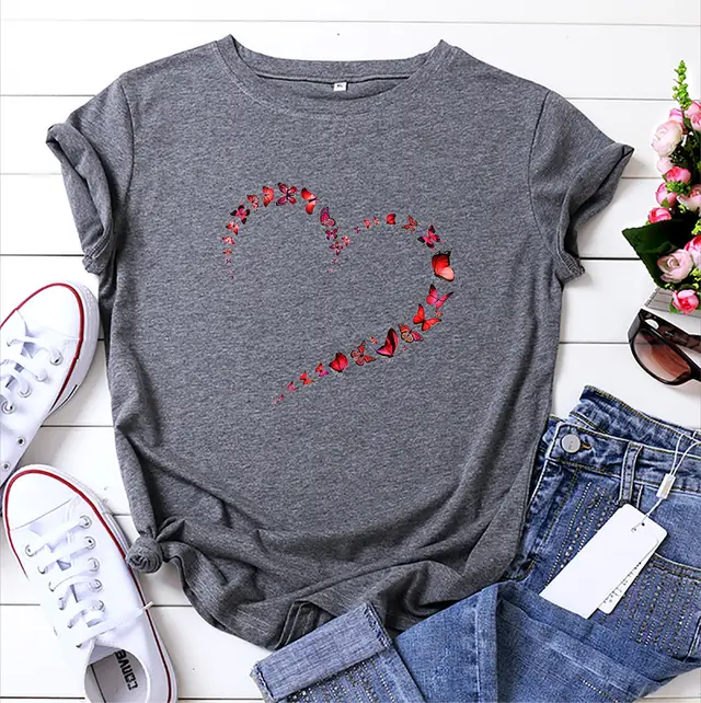 European And American Love Butterfly Cotton Short Sleeve Dark Gray - Shop at LoveMi
