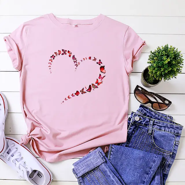European And American Love Butterfly Cotton Short Sleeve Pink - Shop at LoveMi