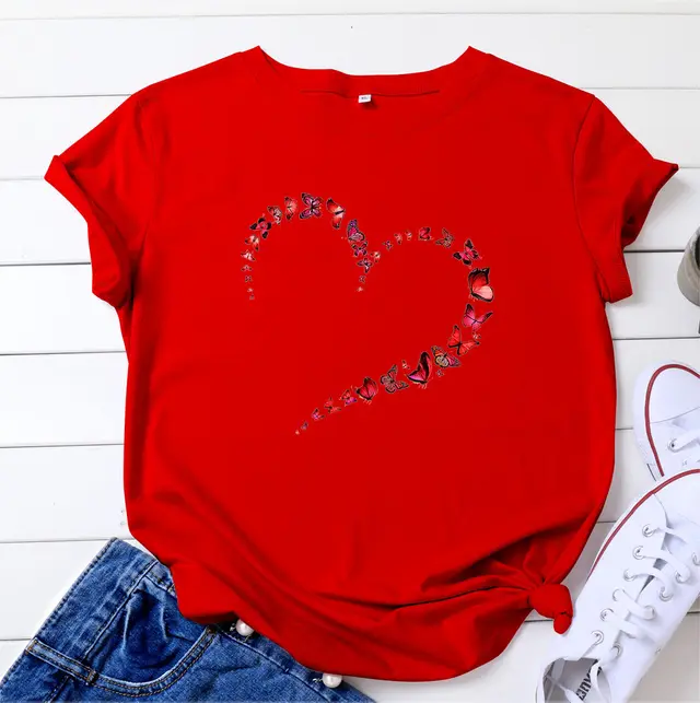 European And American Love Butterfly Cotton Short Sleeve Red - Shop at LoveMi