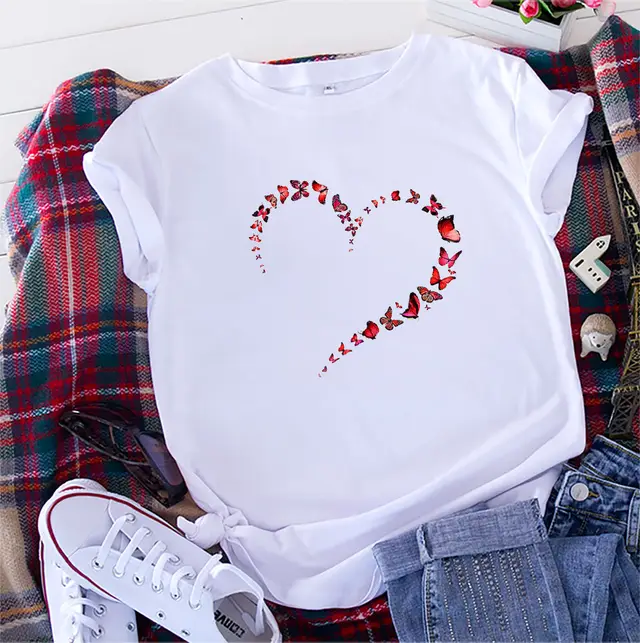 European And American Love Butterfly Cotton Short Sleeve White - Shop at LoveMi