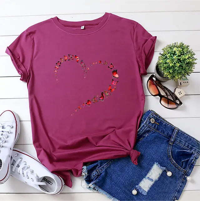 European And American Love Butterfly Cotton Short Sleeve Wine Red - Shop at LoveMi