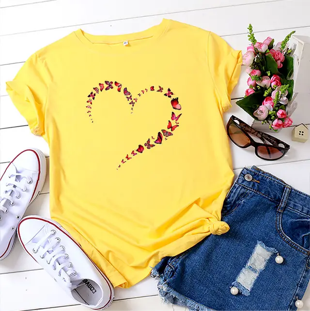 European And American Love Butterfly Cotton Short Sleeve Yellow - Shop at LoveMi