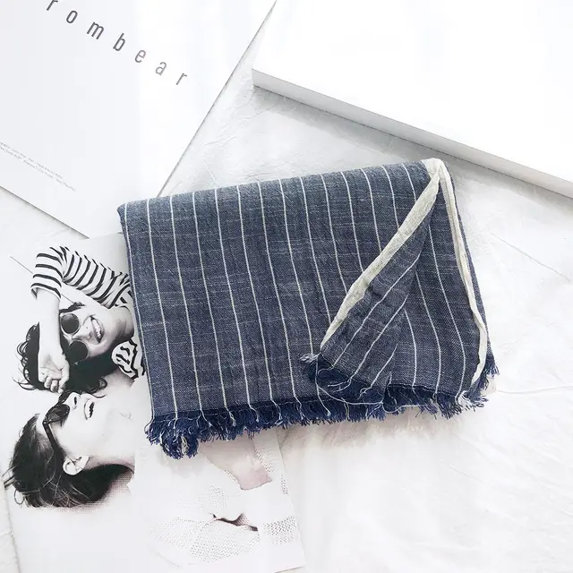 Autumn And Winter Striped Cotton And Linen Pleated Scarf Shawl Navy Blue - Shop at LoveMi