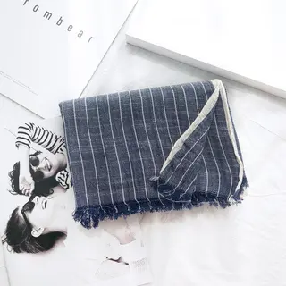 Autumn And Winter Striped Cotton And Linen Pleated Scarf Shawl - Navy Blue