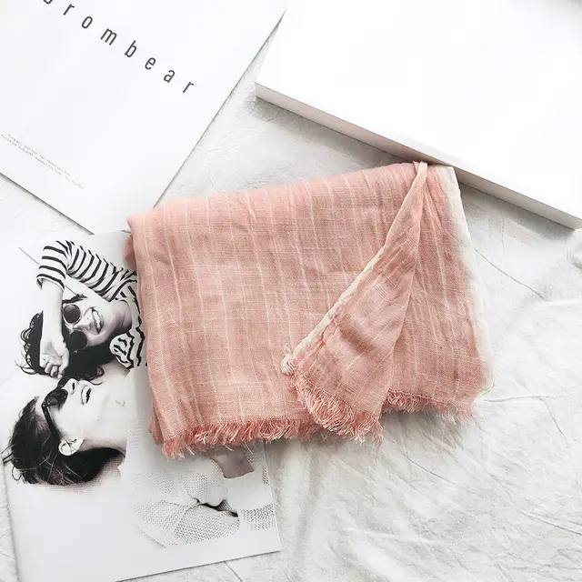 Autumn And Winter Striped Cotton And Linen Pleated Scarf Shawl Pink - Shop at LoveMi