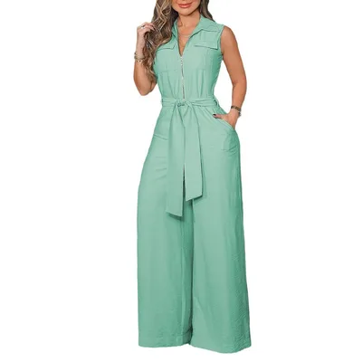 Elegant Shirt Collar Sleeveless Solid Color Zipper Strap Wide Leg Jumpsuit Green - Shop at LoveMi