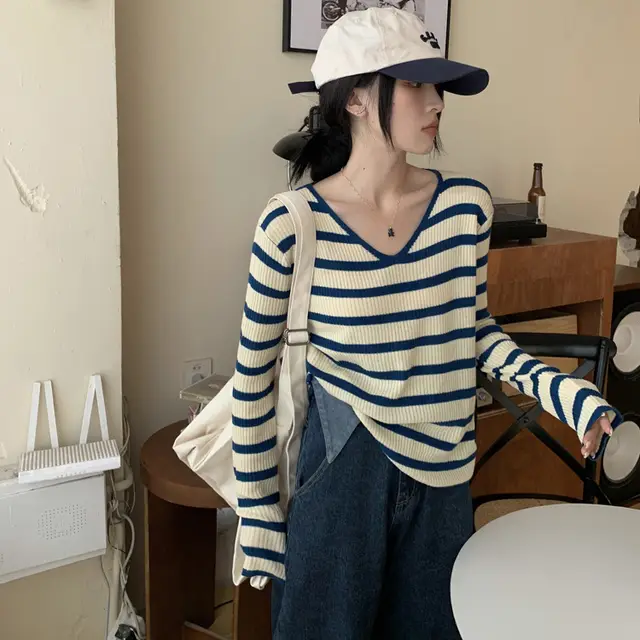Women's Long sleeved T shirt Sunken Stripe Threaded Undershirt Top Blue Stripe - Shop at LoveMi