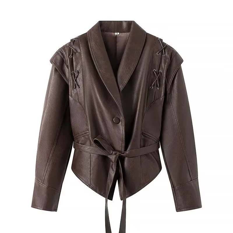 Coffee Brown Lace up Loose Casual Leather Clothing Coat Coffee Brown - Shop at LoveMi