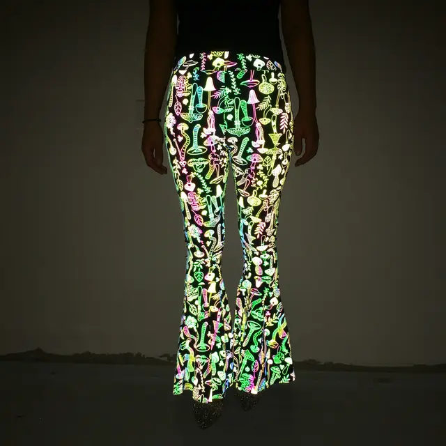 Colorful Reflective Bell bottom Pants Women's High Waist Wide Leg Trousers Original Mushroom - Shop at LoveMi