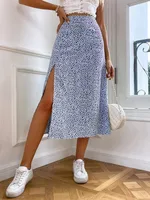 European And American Floral Split A- Line Sheath Mid-waist Dress - Blue