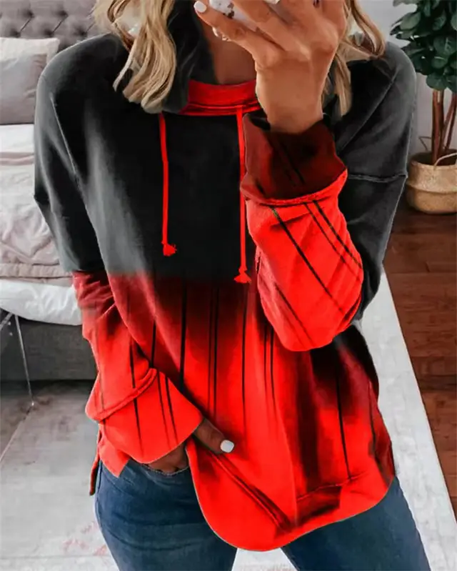 Round Neck Loose Gradient Printing Casual Sweatshirt Red - Shop at LoveMi