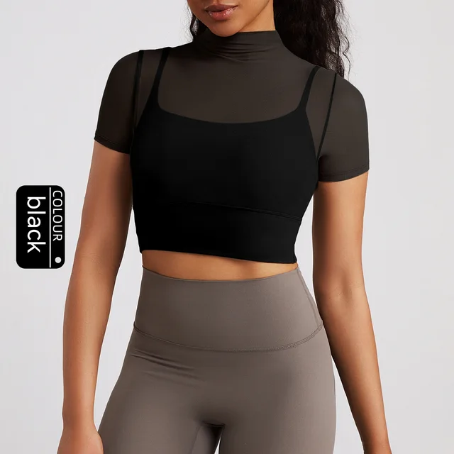 Mesh Short Sleeve Women's Sports Breathable Hollow out One piece T shirt Black - Shop at LoveMi