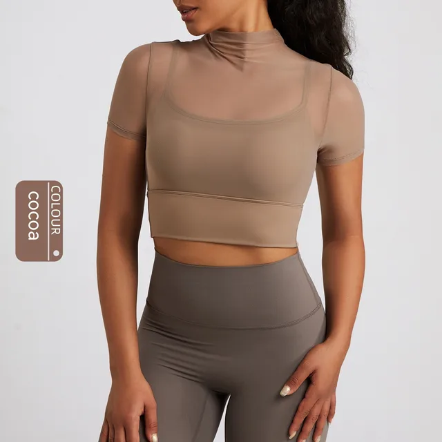 Mesh Short Sleeve Women's Sports Breathable Hollow out One piece T shirt Cocoa Color - Shop at LoveMi