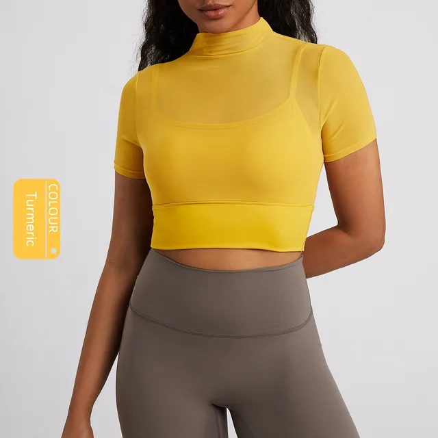 Mesh Short Sleeve Women's Sports Breathable Hollow out One piece T shirt Turmeric - Shop at LoveMi