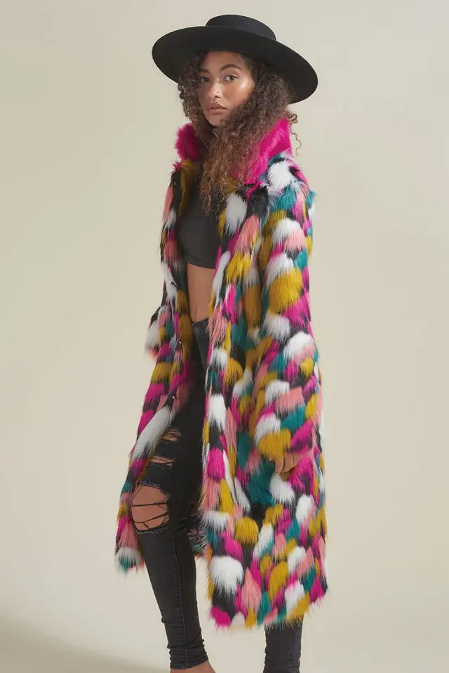 Women's Rainbow Fur Collar Imitation Fur Mid length Coat Rainbow - Shop at LoveMi