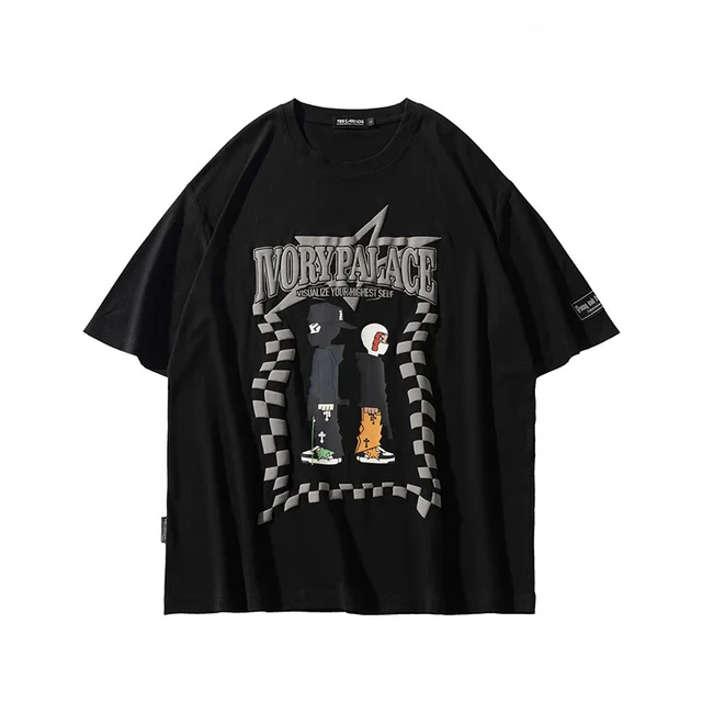 Street Cartoon Print Loose Fashion Brand Couple Short Sleeve Black - Shop at LoveMi