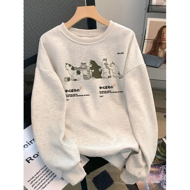 AutumnWinter Sweater Women's Printed Korean Style Light Gray Fleece Lined - Shop at LoveMi