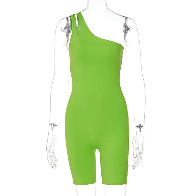 Solid Color One Shoulder Slim Fit Hip Raise Sports Yoga Jumpsuit Green - Shop at LoveMi