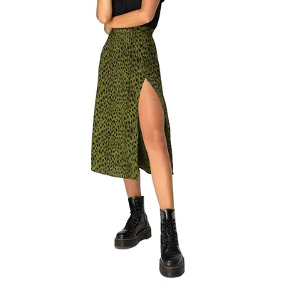 European And American Leopard Print Long Skirt High Waist Slit Hip Skirt Green Leopard Print - Shop at LoveMi