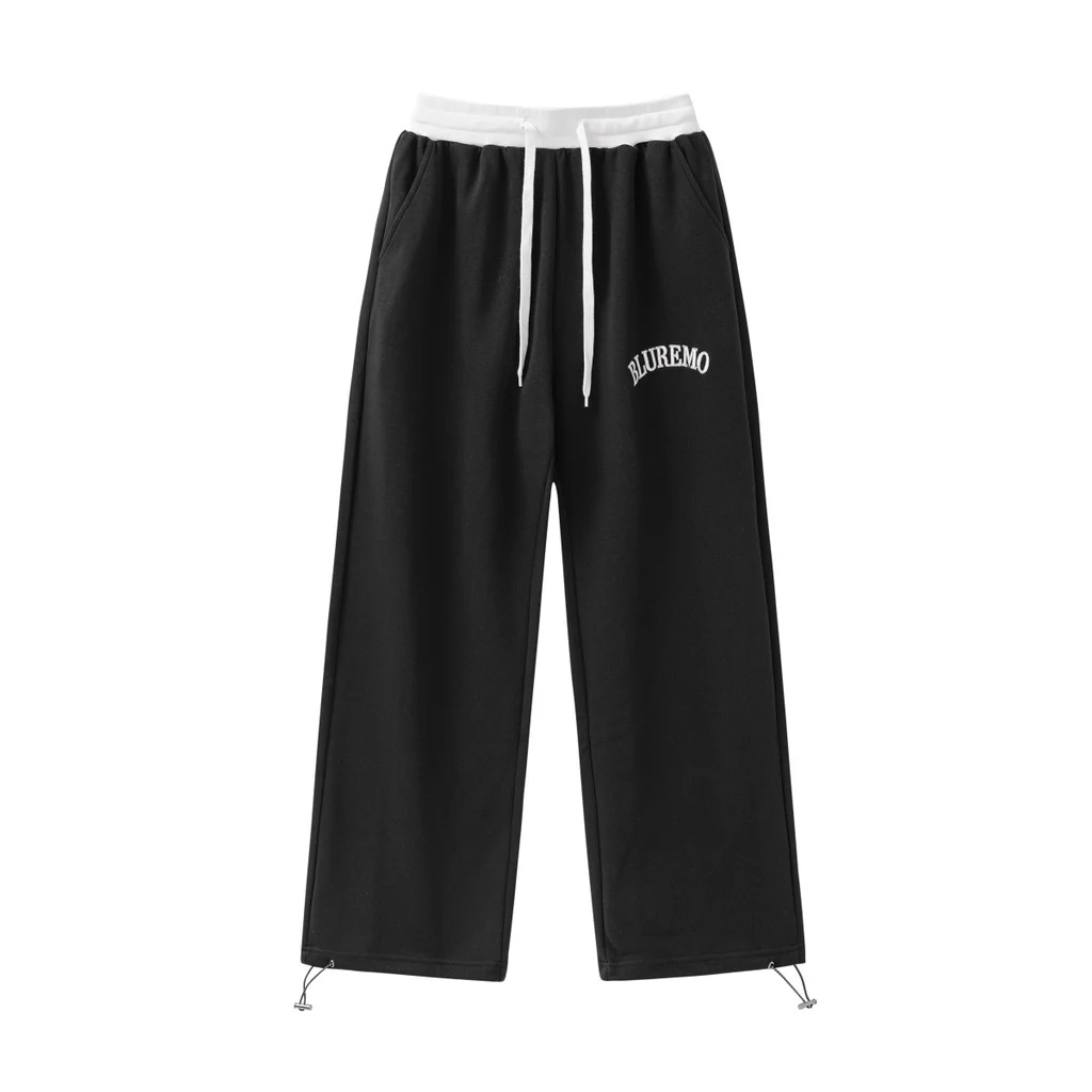 High Street Letter Embroidered Leisure Tappered Drawstring Sweatpants - Black
