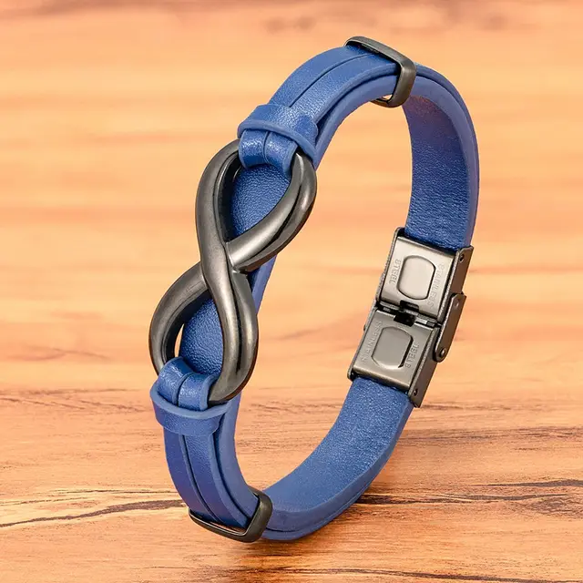 Men's Leather 8 word Stainless Steel Magnetic Snap Leather Bracelet Blue Skin Black Buttons - Shop at LoveMi