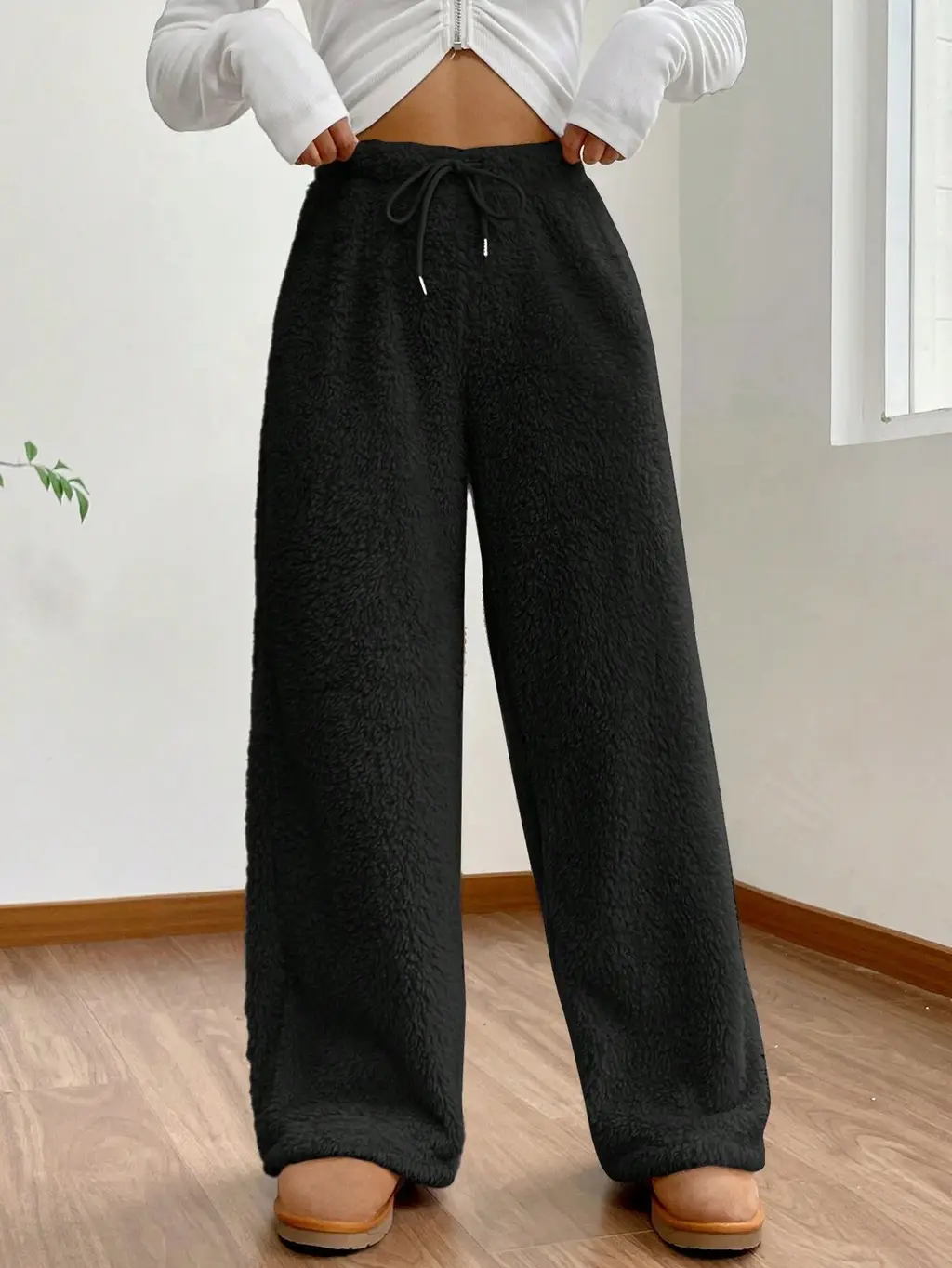 Plush Casual Loose Soft Wool Warm Home Pants - Black