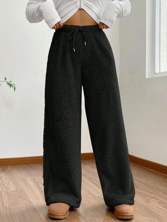 Plush Casual Loose Soft Wool Warm Home Pants Black - Shop at LoveMi