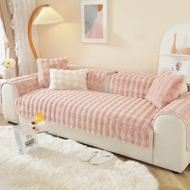 Winter Warm Sofa Cushion Bubble Velvet Thickened Fleece Cushion Cover Cloth Autumn And Winter New Modern Simple Non slip Cushion Pink - Shop at LoveMi