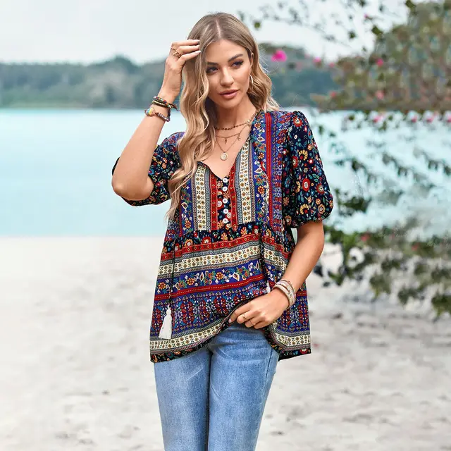 Women's Fashion Printed Shirt Commuter V neck Top Black - Shop at LoveMi