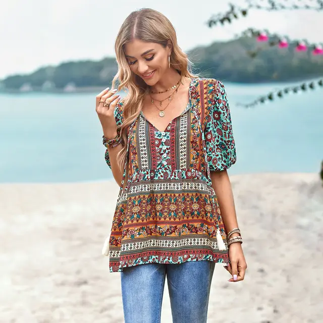 Women's Fashion Printed Shirt Commuter V neck Top Sky Blue - Shop at LoveMi