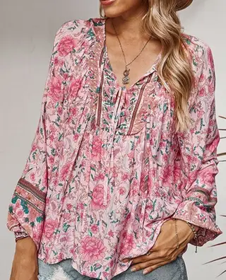 Women's V-neck Printed Casual Loose Thin Women's T-shirt - Pink