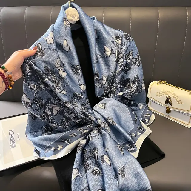 Silk Scarf Bright Butterfly Printed Silk Scarf Women's Thin Long Shawl Haze Blue Butterfly - Shop at LoveMi