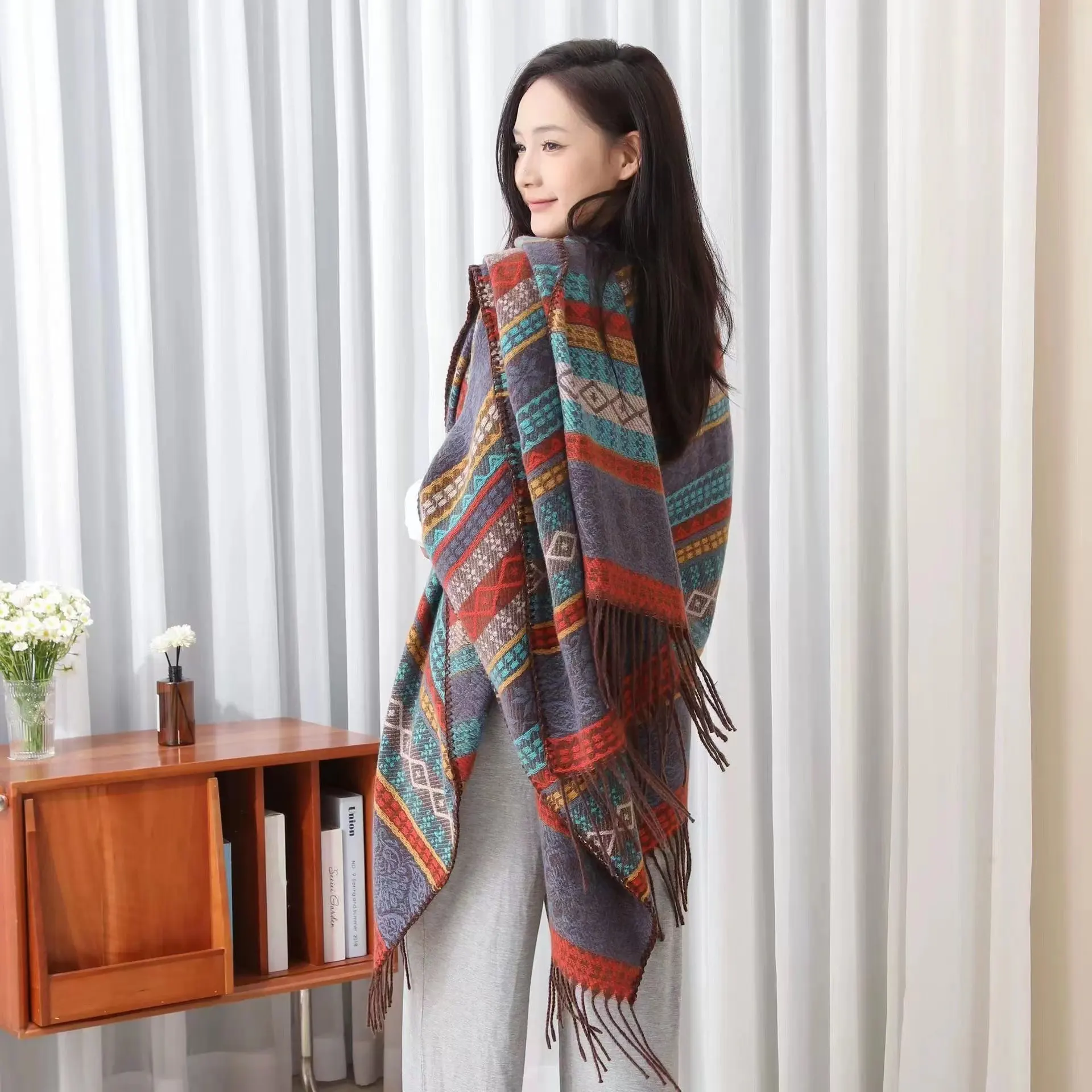 Women's Printed Ethnic Style Shawl Outer Match Cloak - Orange Stripe