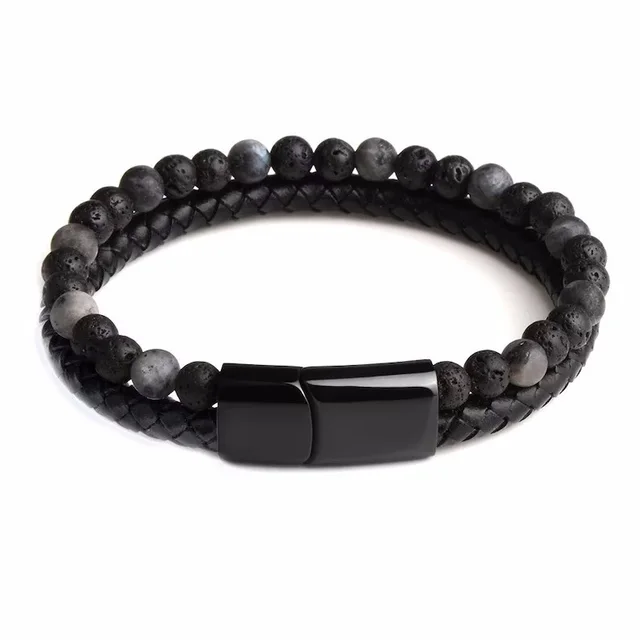 Men's Alloy Leather Rope Natural Stone Bracelet Volcanic Rock Gray Beads 21Cm - Shop at LoveMi