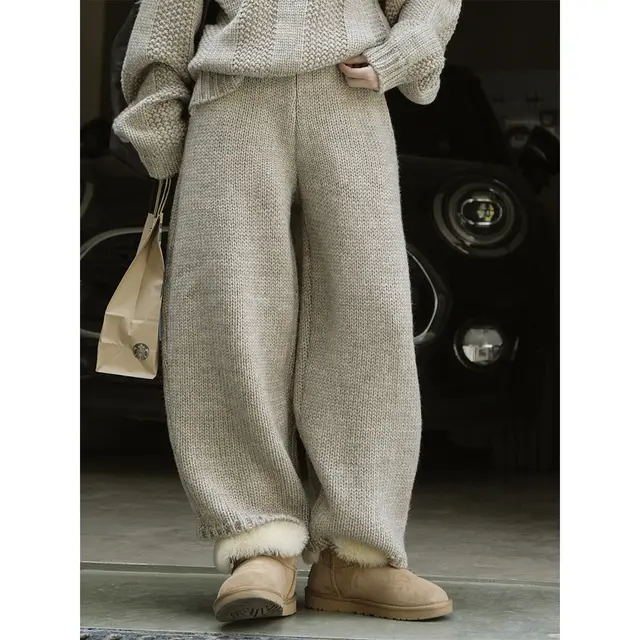 Retro Iceland Yarn Thick Knitted Casual Pants Loose Wool Trousers Oatmeal Color - Shop at LoveMi