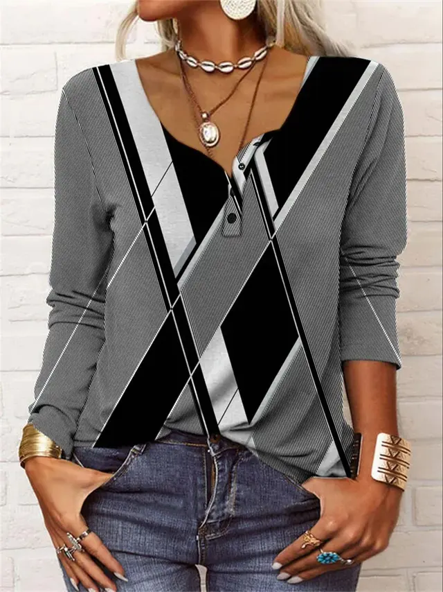 Loose Long Sleeve Geometric Floral U neck Button 2Style - Shop at LoveMi