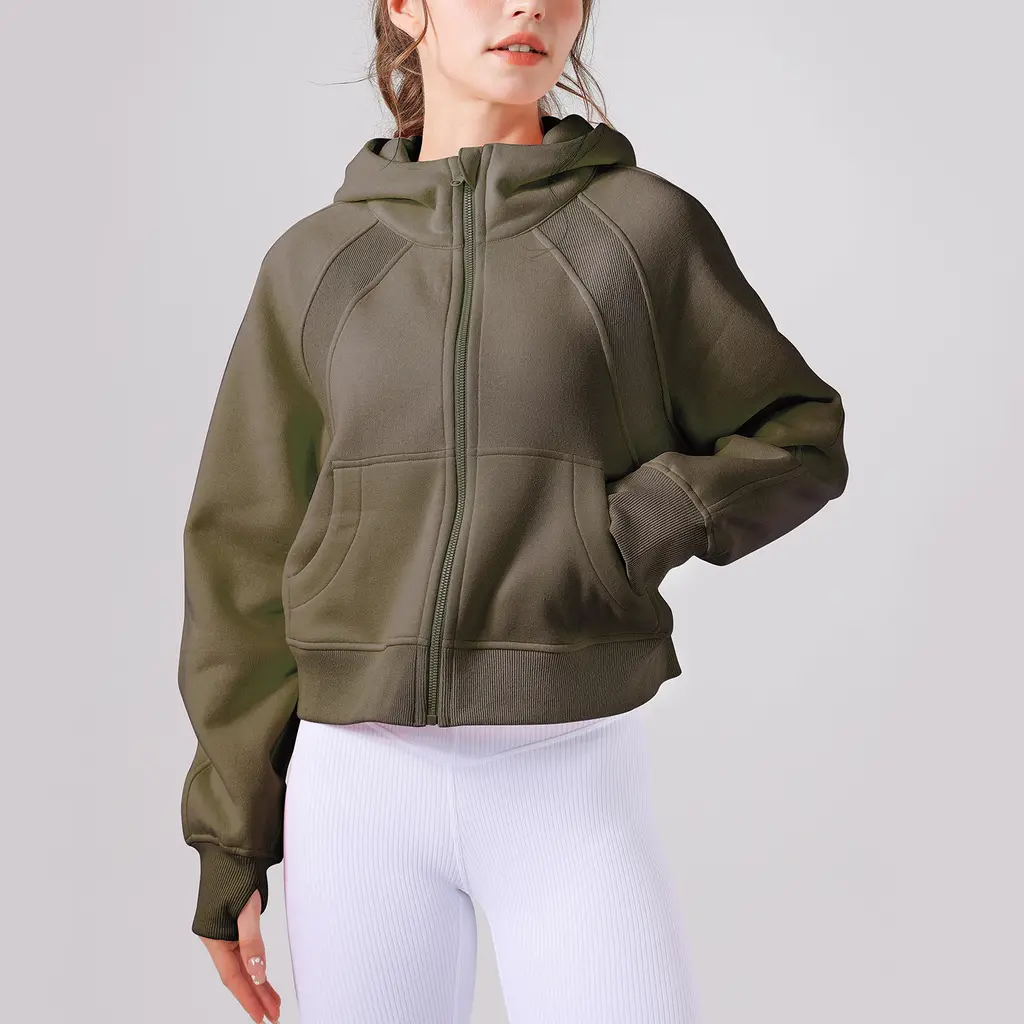 Fleece-lined Yoga Clothes Hooded Sweater Loose Thick Casual Zipper Sports Top - Army Green
